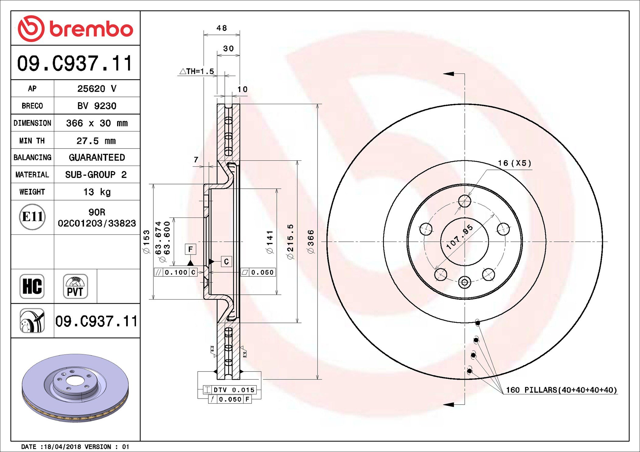 BREMBO brzdový kotúč 09.C937.11, súprava 2 ks