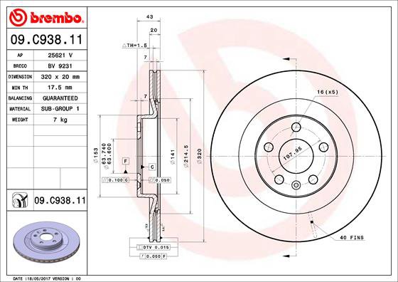 BREMBO brzdový kotúč 09.C938.11, súprava 2 ks