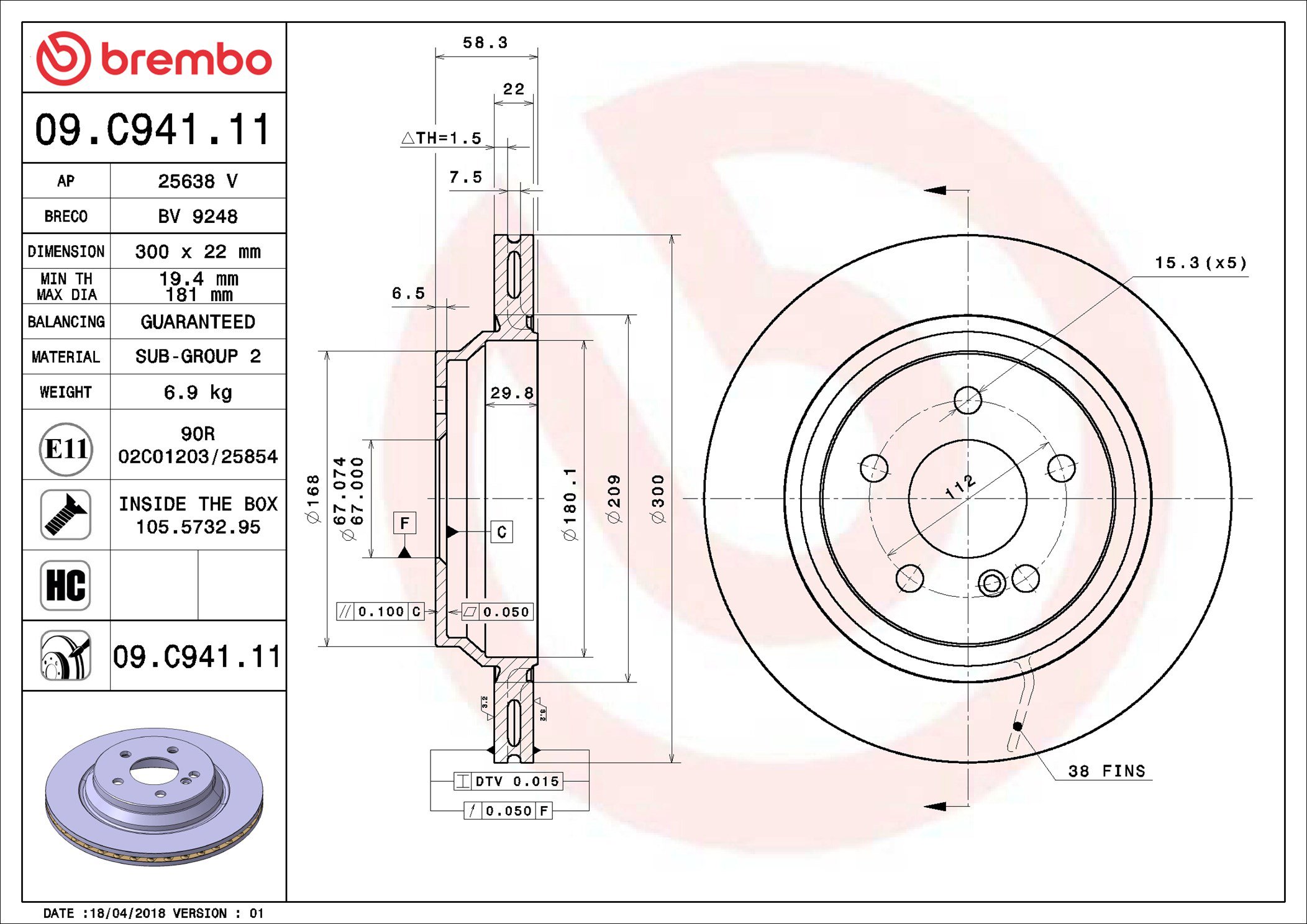 BREMBO brzdový kotúč 09.C941.11, súprava 2 ks