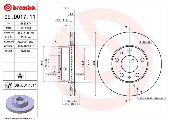 BREMBO brzdový kotúč 09.D017.11, súprava 2 ks