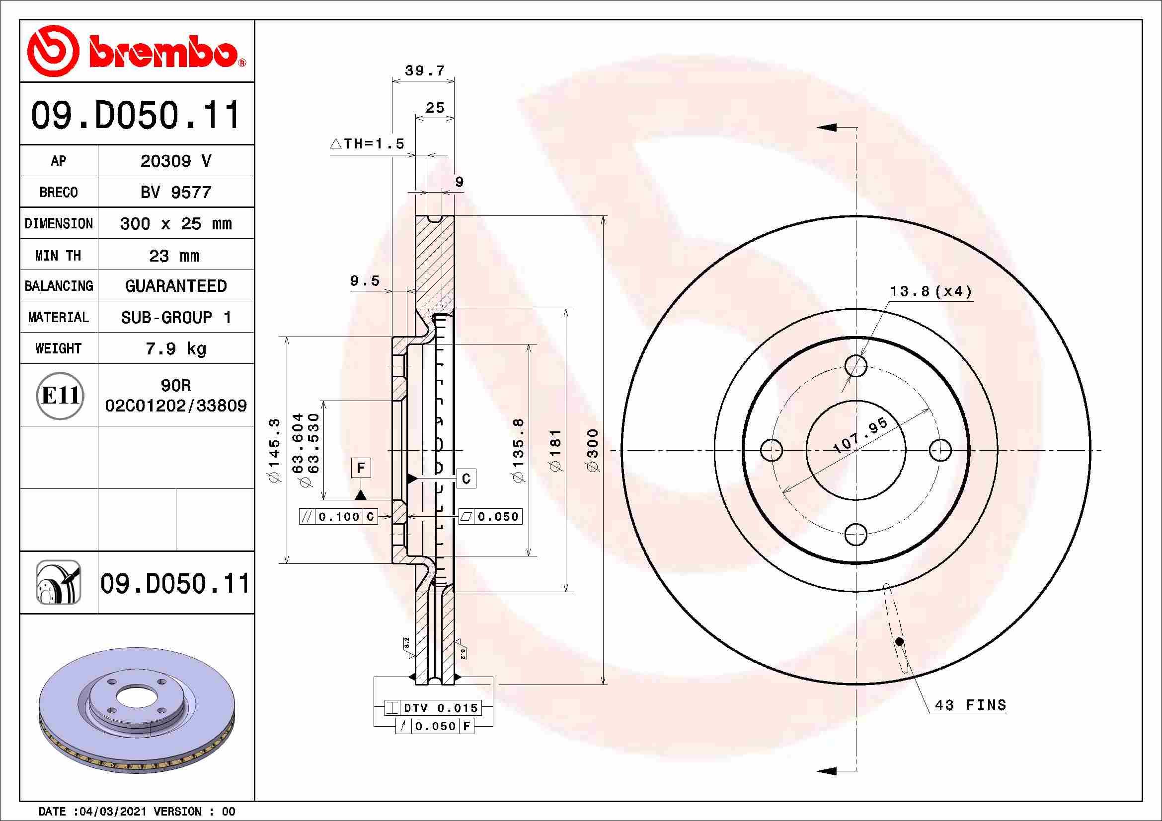 BREMBO brzdový kotúč 09.D050.11, sada 2 ks