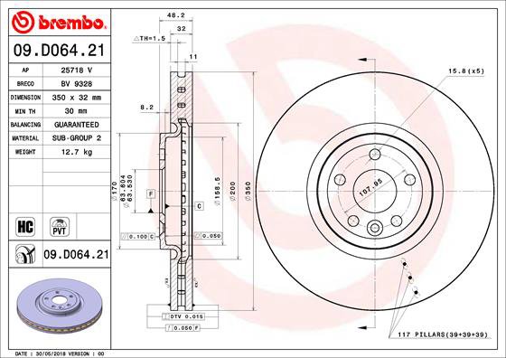 BREMBO brzdový kotúč 09.D064.21, súprava 2 ks