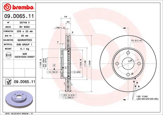 BREMBO brzdový kotúč 09.D065.11, súprava 2 ks