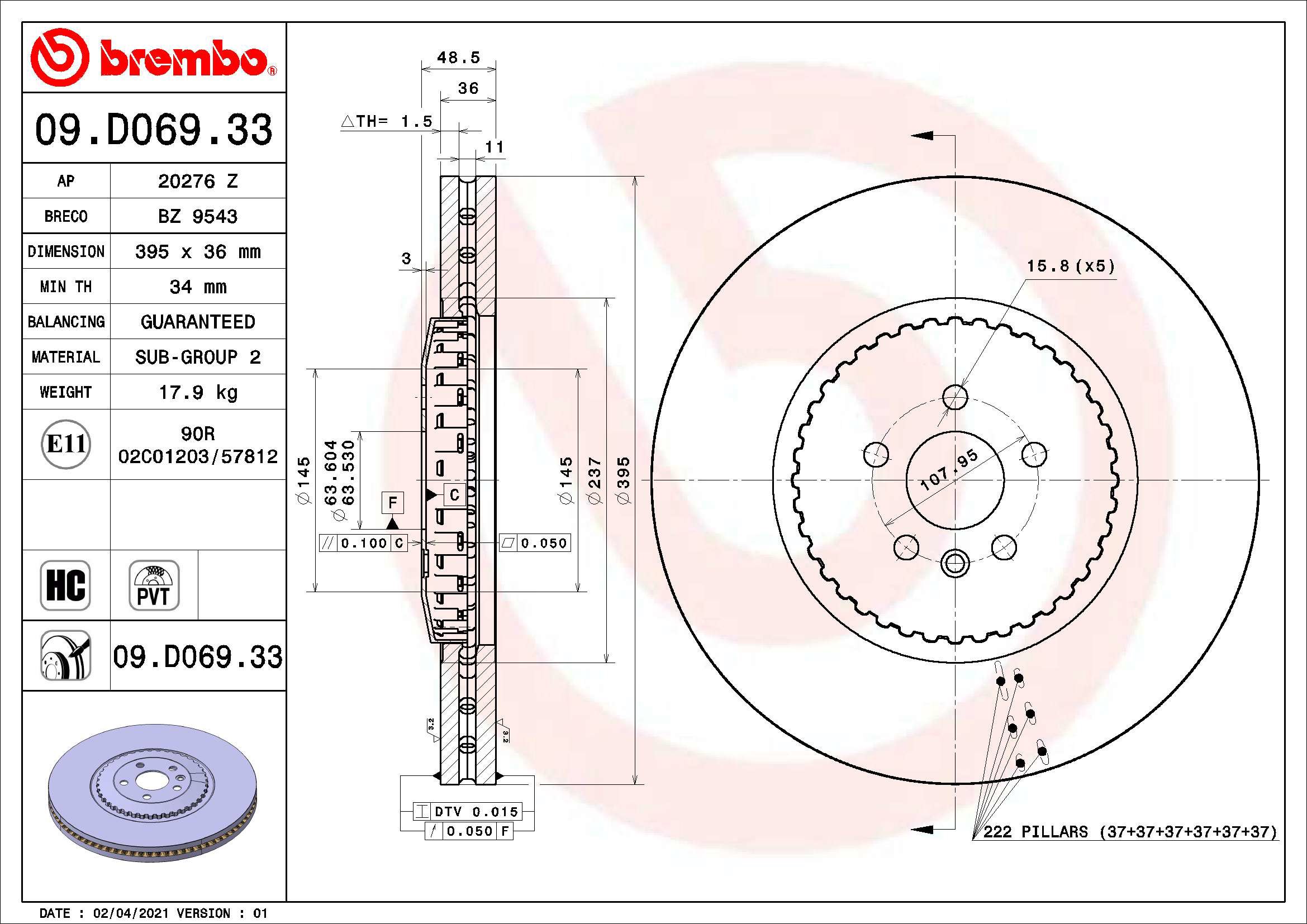 BREMBO brzdový kotúč 09.D069.33, sada 2 ks