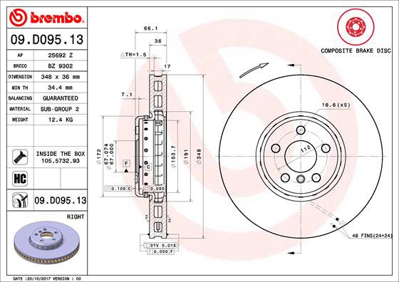 BREMBO brzdový kotúč 09.D095.13, sada 2 ks