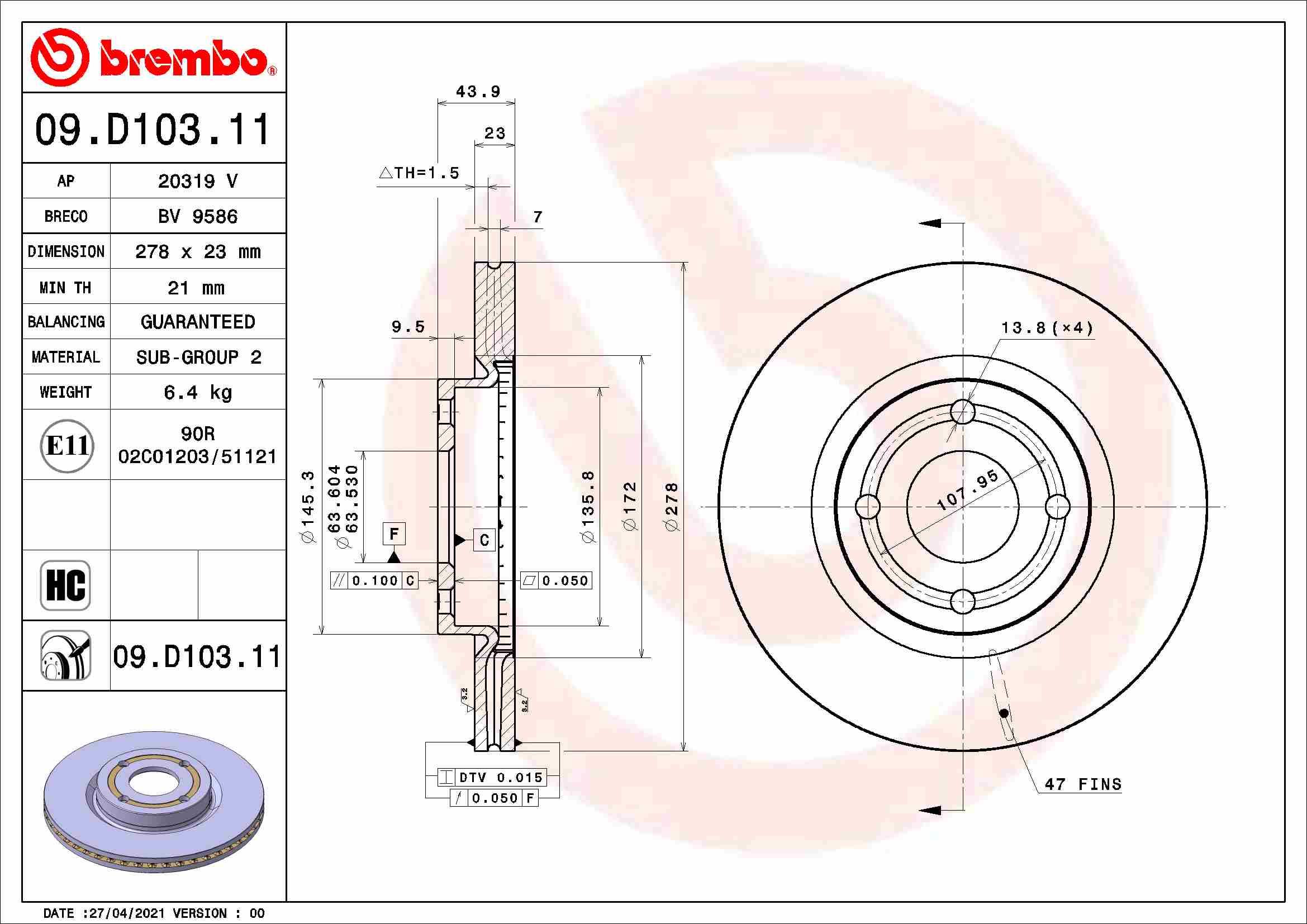 BREMBO brzdový kotúč 09.D103.11, súprava 2 ks