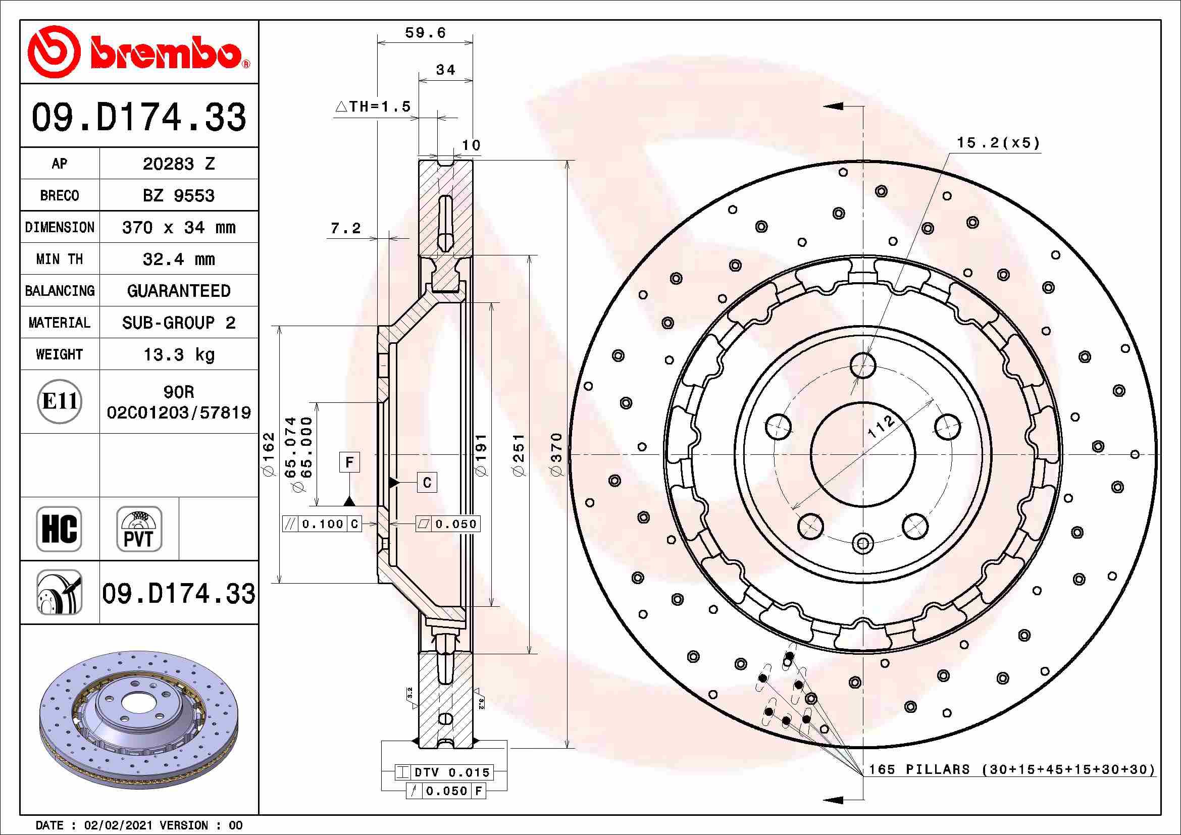 BREMBO brzdový kotúč 09.D174.33, súprava 2 ks