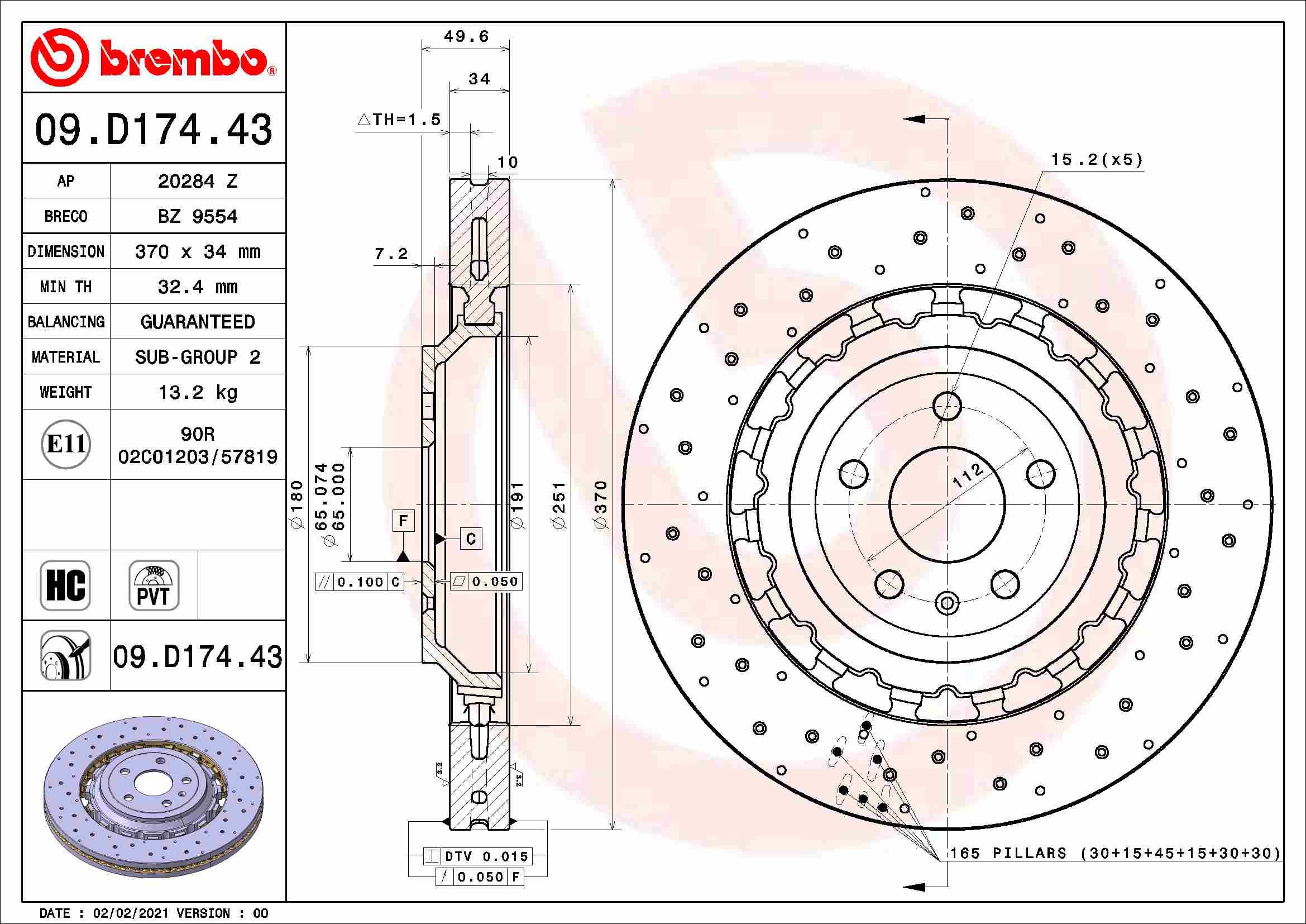 BREMBO brzdový kotúč 09.D174.43, súprava 2 ks