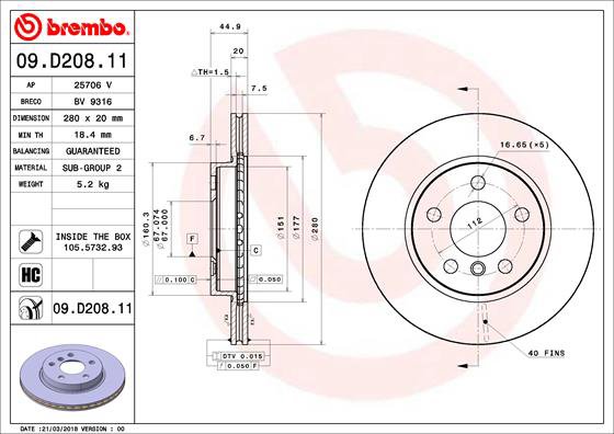 BREMBO brzdový kotúč 09.D208.11, súprava 2 ks