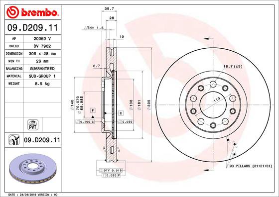 BREMBO brzdový kotúč 09.D209.11, súprava 2 ks