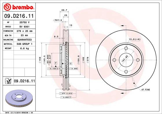 BREMBO brzdový kotúč 09.D216.11, sada 2 ks