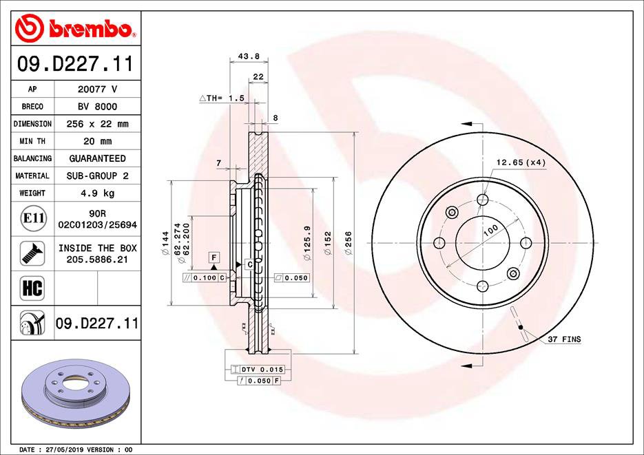 BREMBO brzdový kotúč 09.D227.11, súprava 2 ks