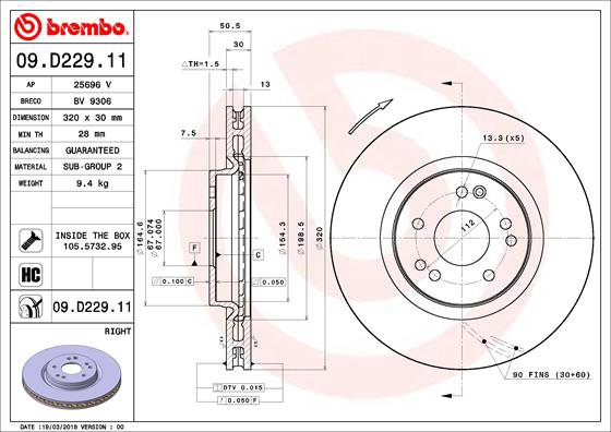 BREMBO brzdový kotúč 09.D229.11, sada 2 ks