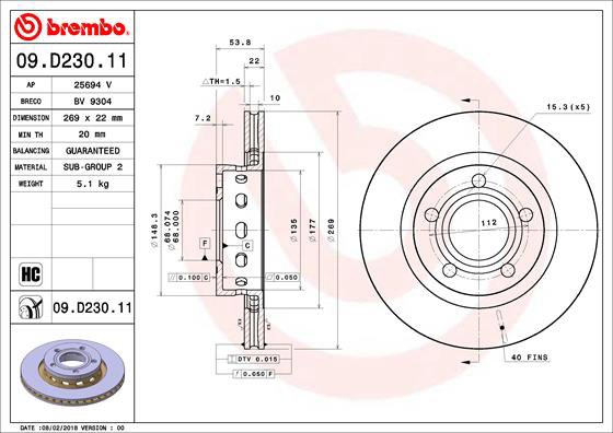 BREMBO brzdový kotúč 09.D230.11, sada 2 ks