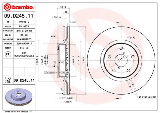 BREMBO brzdový kotúč 09.D245.11, sada 2 ks