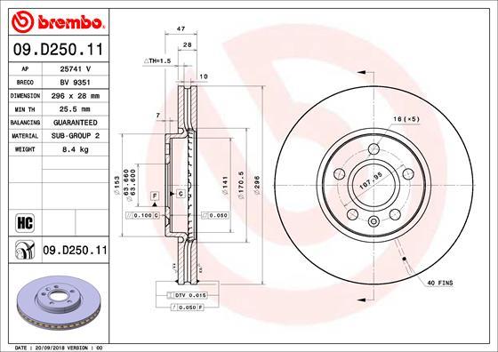 BREMBO brzdový kotúč 09.D250.11, sada 2 ks