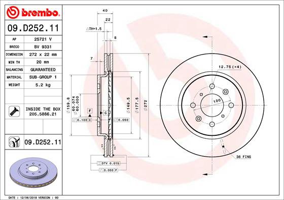 BREMBO brzdový kotúč 09.D252.11, súprava 2 ks