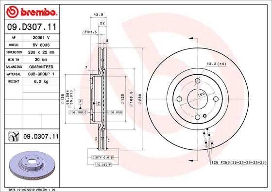 BREMBO brzdový kotúč 09.D307.11, súprava 2 ks