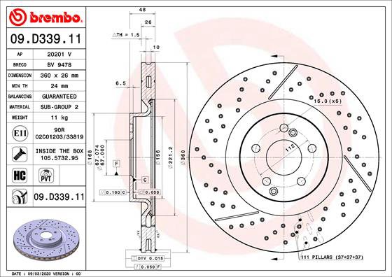 BREMBO brzdový kotúč 09.D339.11, súprava 2 ks