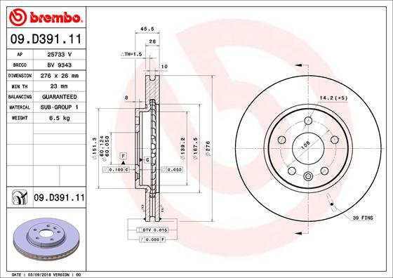 BREMBO brzdový kotúč 09.D391.11, súprava 2 ks