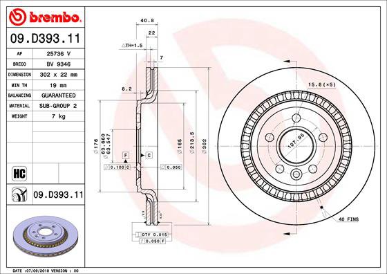 BREMBO brzdový kotúč 09.D393.11, súprava 2 ks