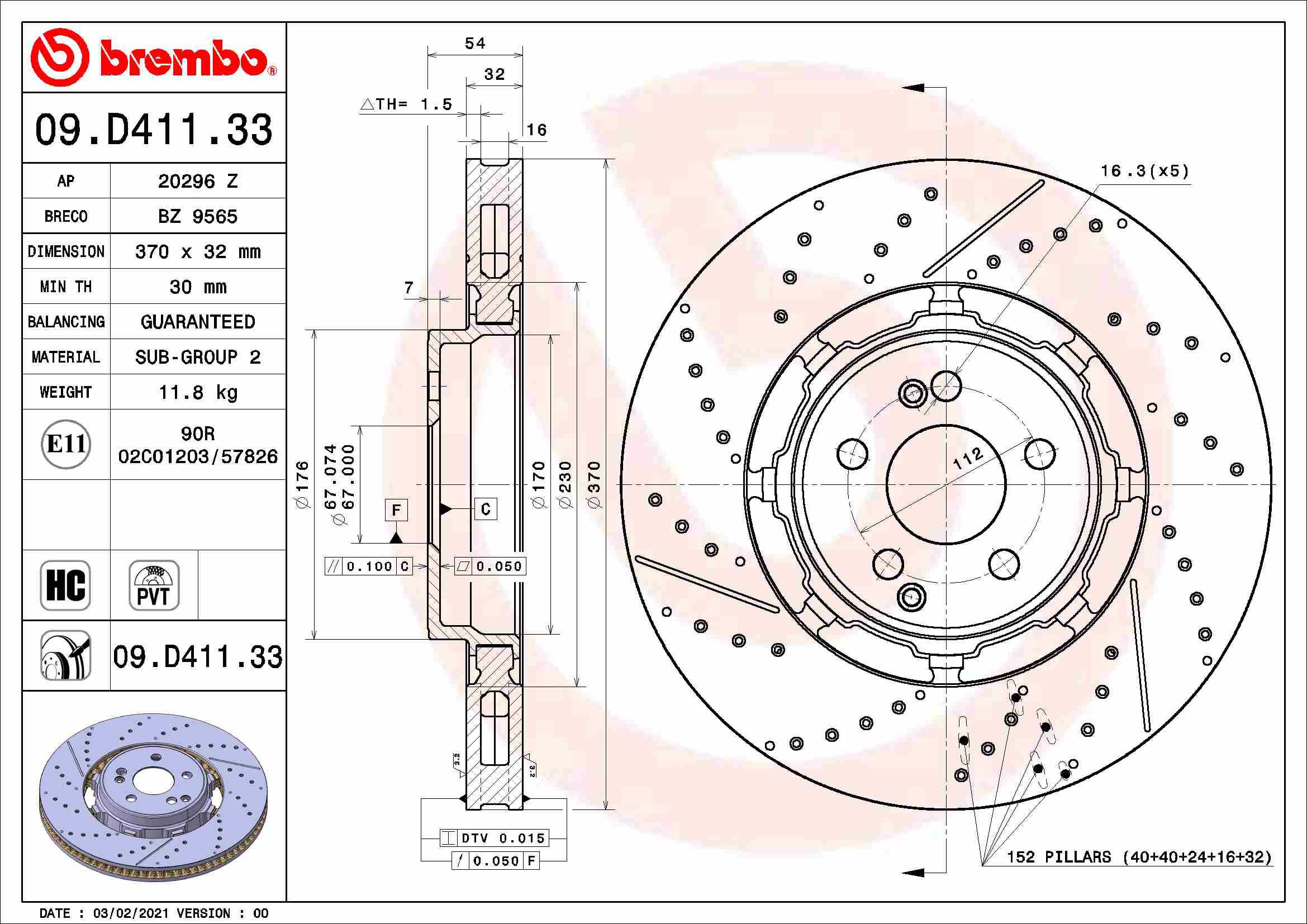 BREMBO brzdový kotúč 09.D411.33, súprava 2 ks