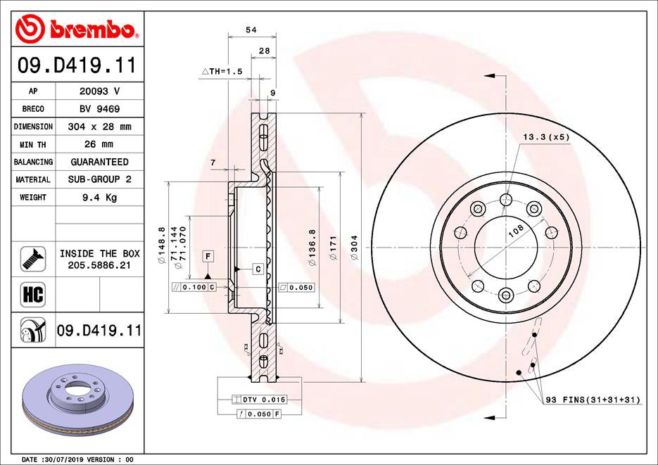 BREMBO brzdový kotúč 09.D419.11, súprava 2 ks