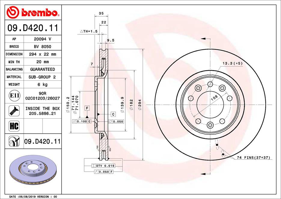 BREMBO brzdový kotúč 09.D420.11, súprava 2 ks