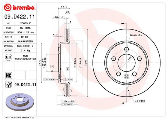 BREMBO brzdový kotúč 09.D422.11, súprava 2 ks