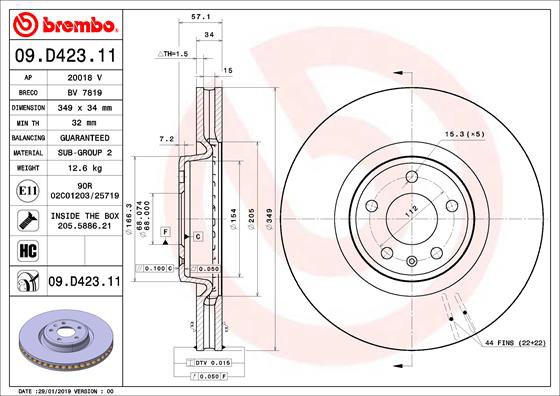 BREMBO brzdový kotúč 09.D423.11, súprava 2 ks