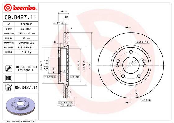 BREMBO brzdový kotúč 09.D427.11, súprava 2 ks