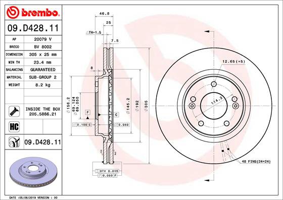 BREMBO brzdový kotúč 09.D428.11, súprava 2 ks
