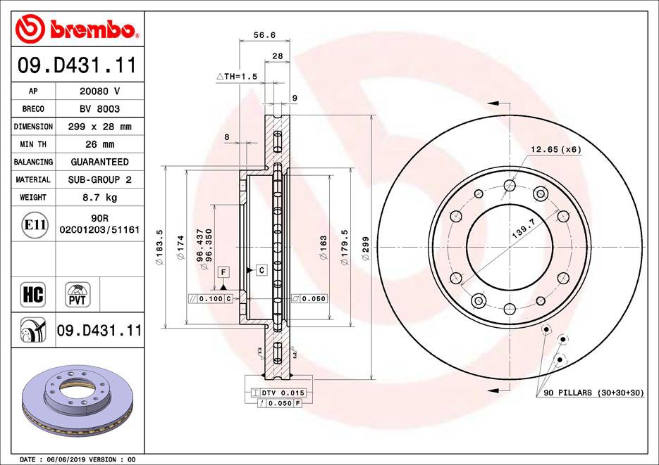 BREMBO brzdový kotúč 09.D431.11, sada 2 ks
