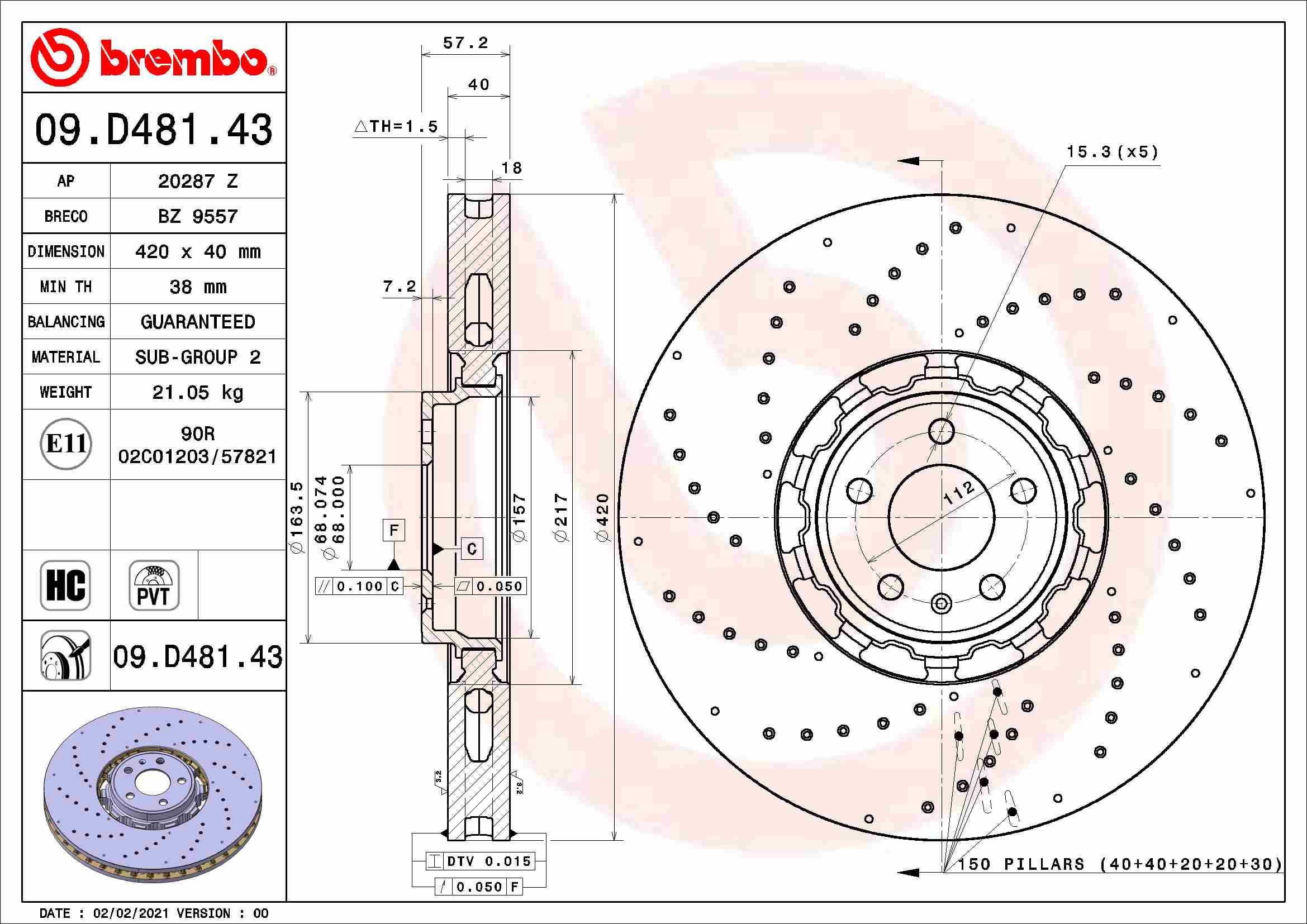 BREMBO brzdový kotúč 09.D481.43, sada 2 ks