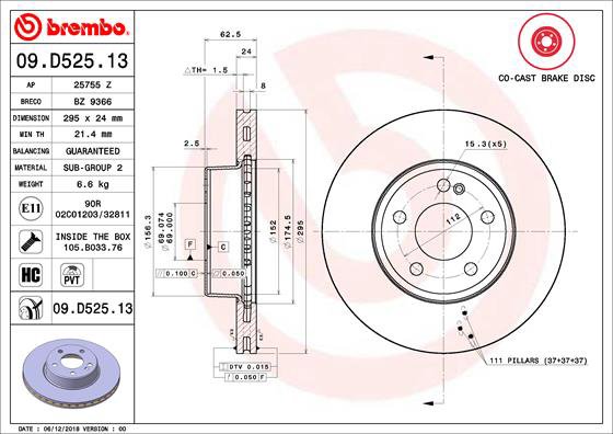 BREMBO brzdový kotúč 09.D525.13, sada 2 ks