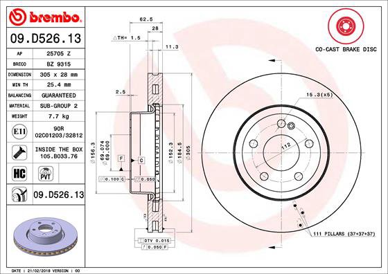 BREMBO brzdový kotúč 09.D526.13, sada 2 ks