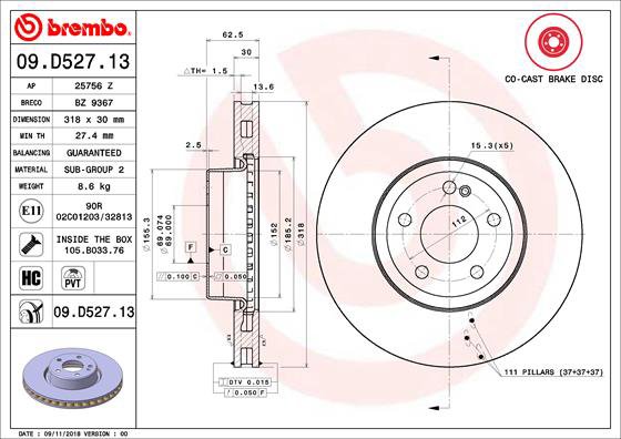 BREMBO brzdový kotúč 09.D527.13, súprava 2 ks