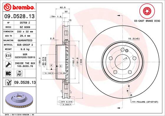 BREMBO brzdový kotúč 09.D528.13, súprava 2 ks