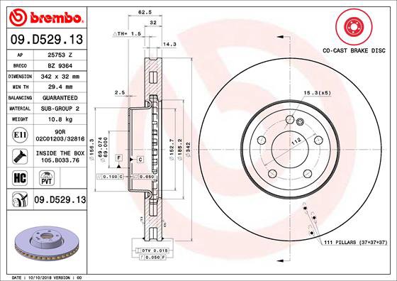 BREMBO brzdový kotúč 09.D529.13, súprava 2 ks