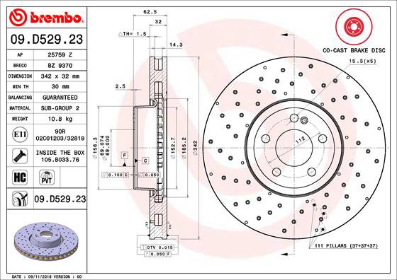 BREMBO brzdový kotúč 09.D529.23, súprava 2 ks
