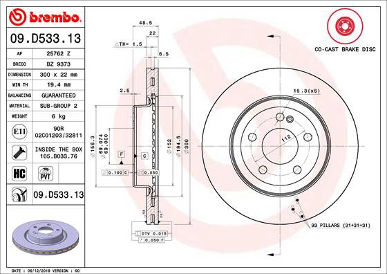 BREMBO brzdový kotúč 09.D533.13, súprava 2 ks