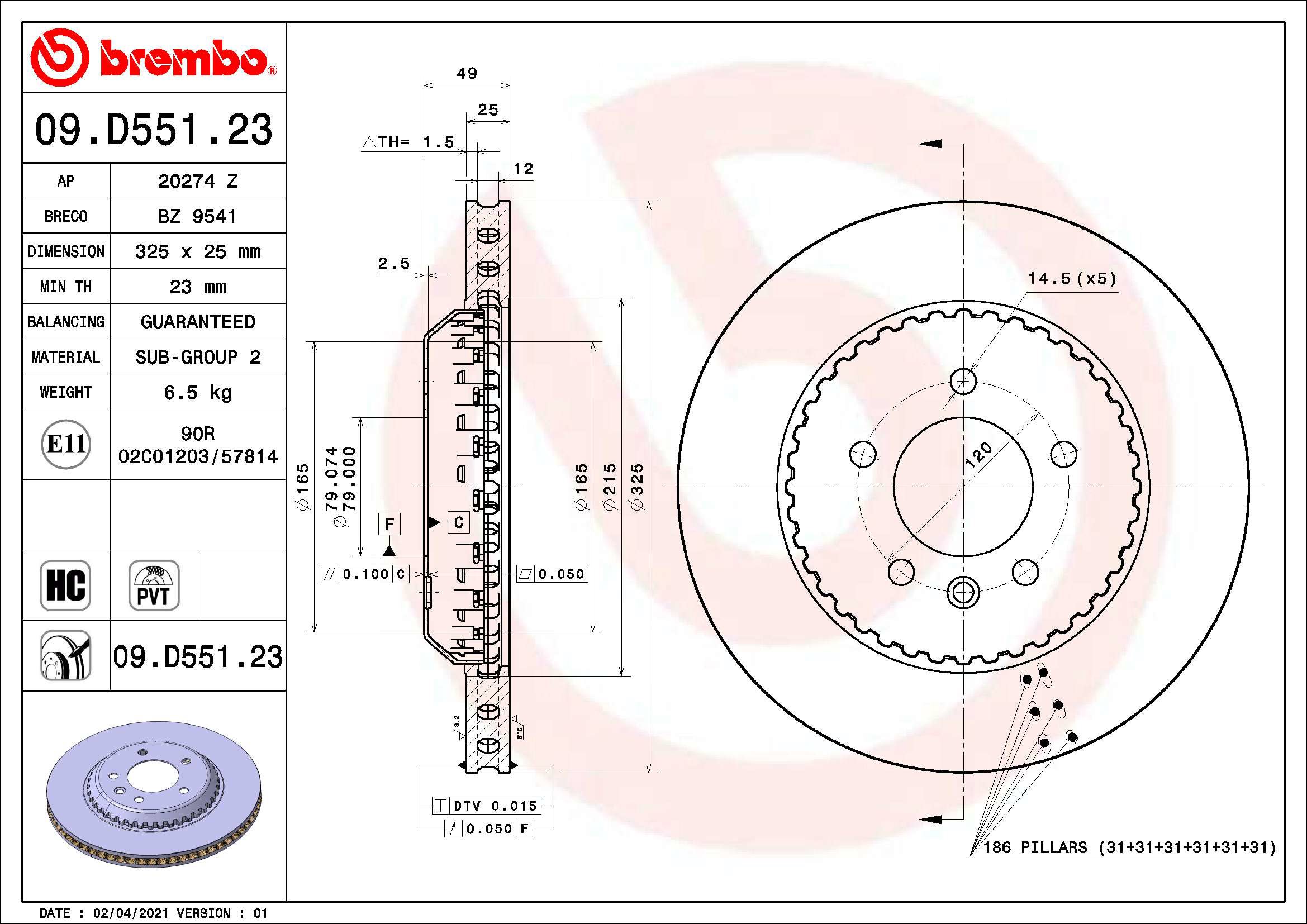 BREMBO brzdový kotúč 09.D551.23, súprava 2 ks