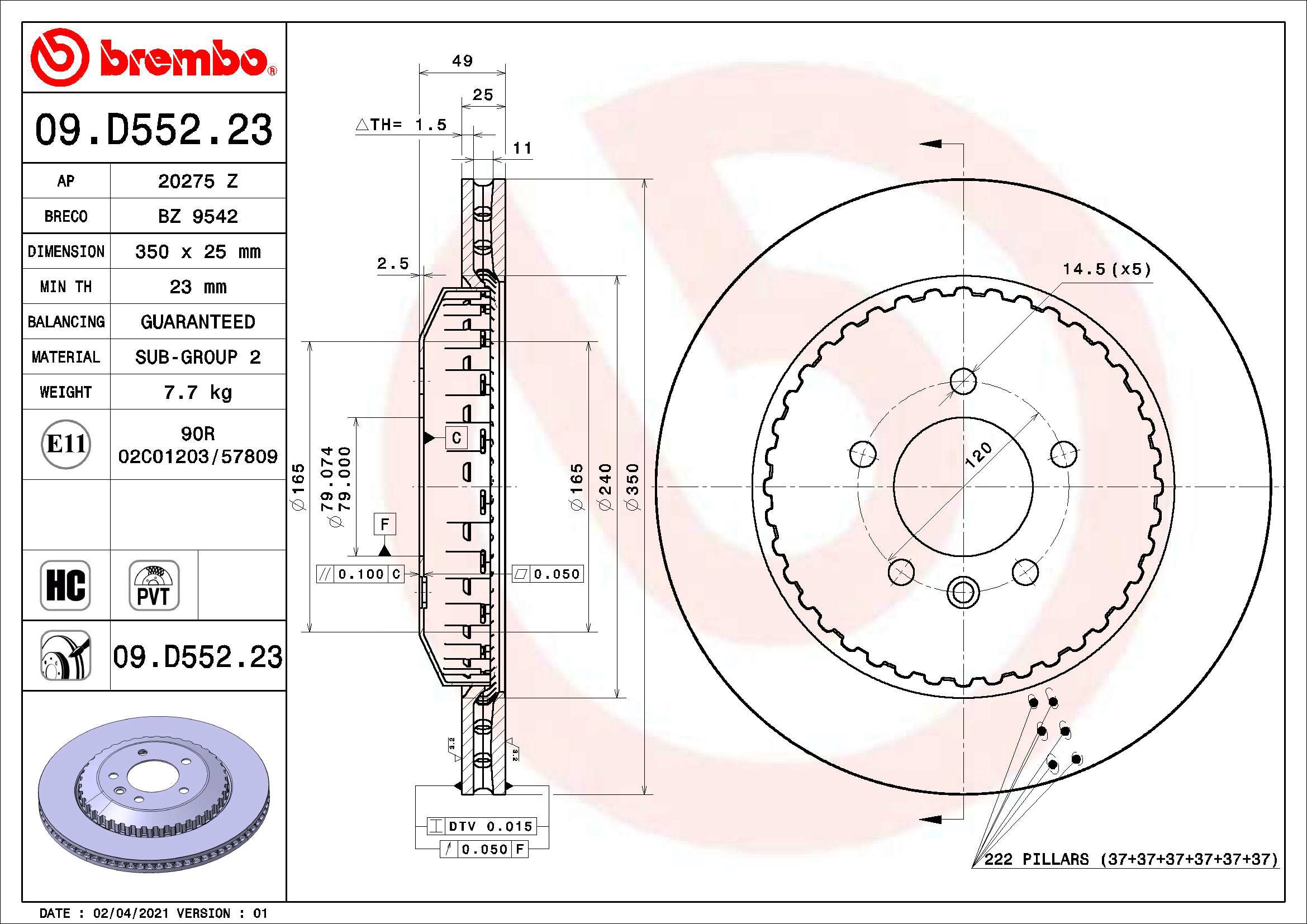 BREMBO brzdový kotúč 09.D552.23, súprava 2 ks