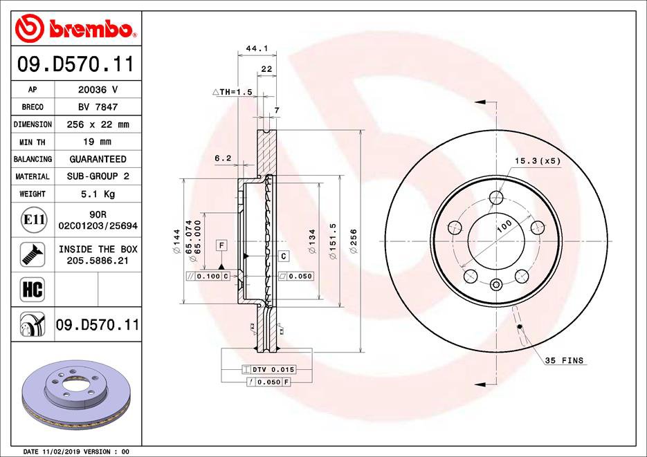 BREMBO brzdový kotúč 09.D570.11, súprava 2 ks