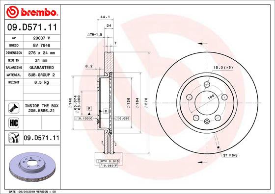 BREMBO Kotúč bŕzd Kamiq/Scala 276 mm predný 09.D571.11, sada 2 ks