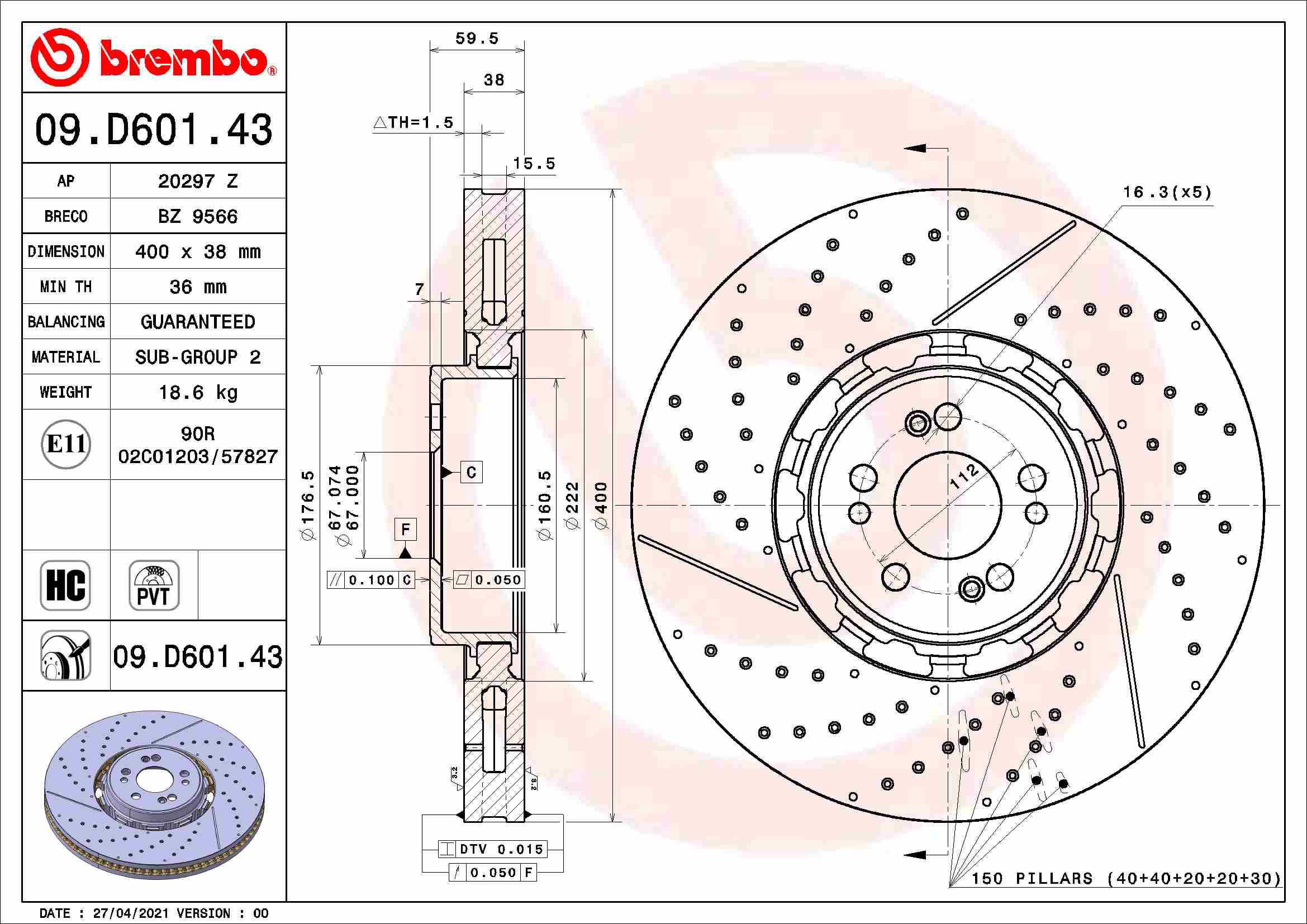 BREMBO brzdový kotúč 09.D601.43, súprava 2 ks