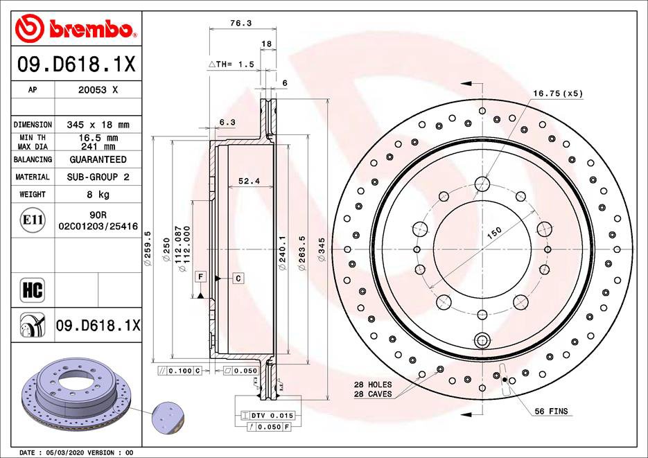 BREMBO brzdový kotúč 09.D618.1X, súprava 2 ks