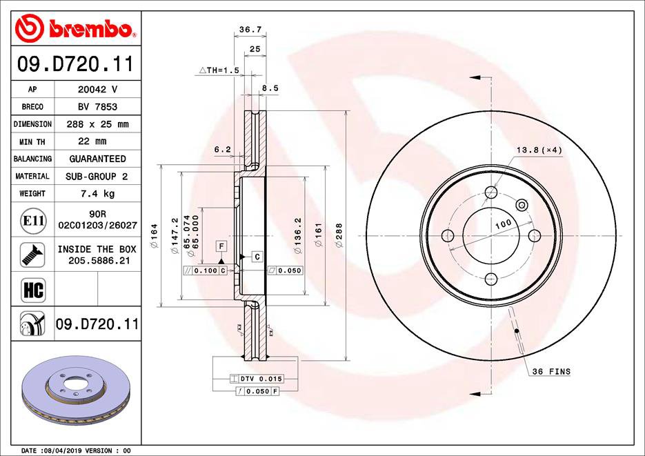 BREMBO brzdový kotúč 09.D720.11, súprava 2 ks