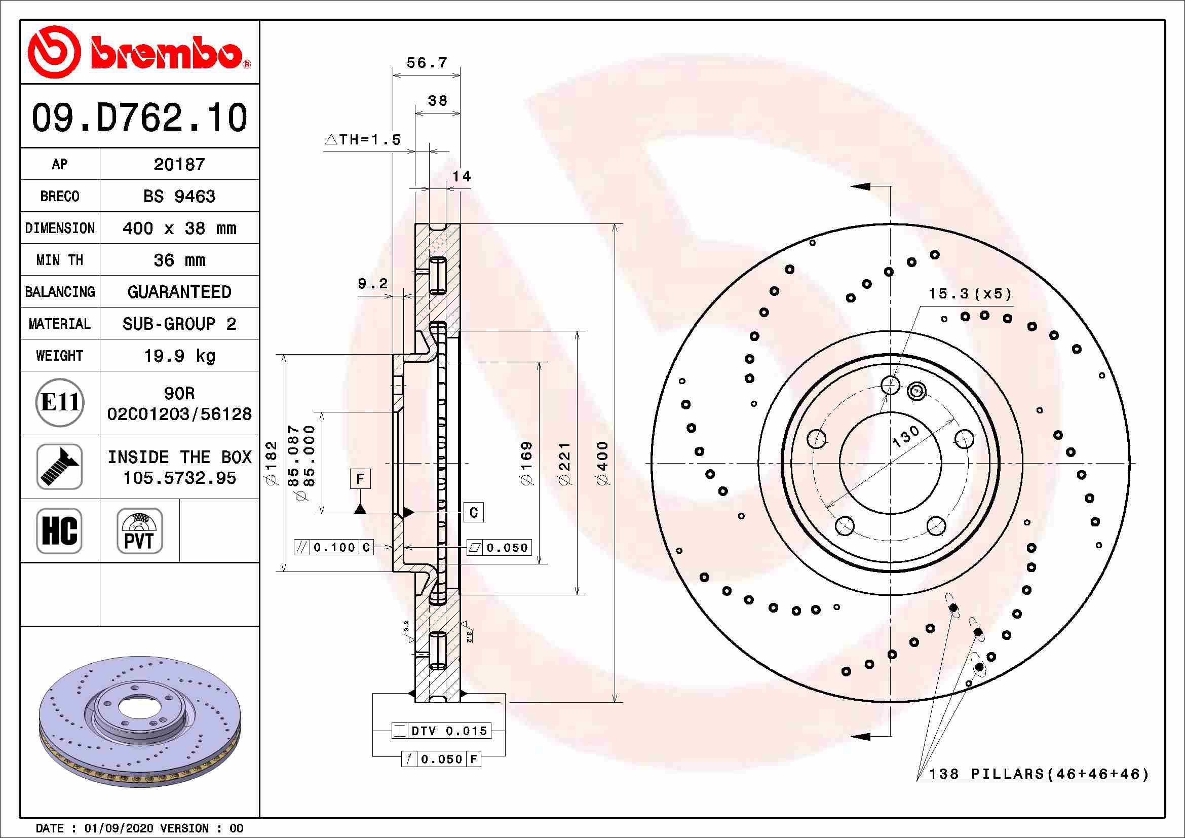 BREMBO brzdový kotúč 09.D762.10, súprava 2 ks