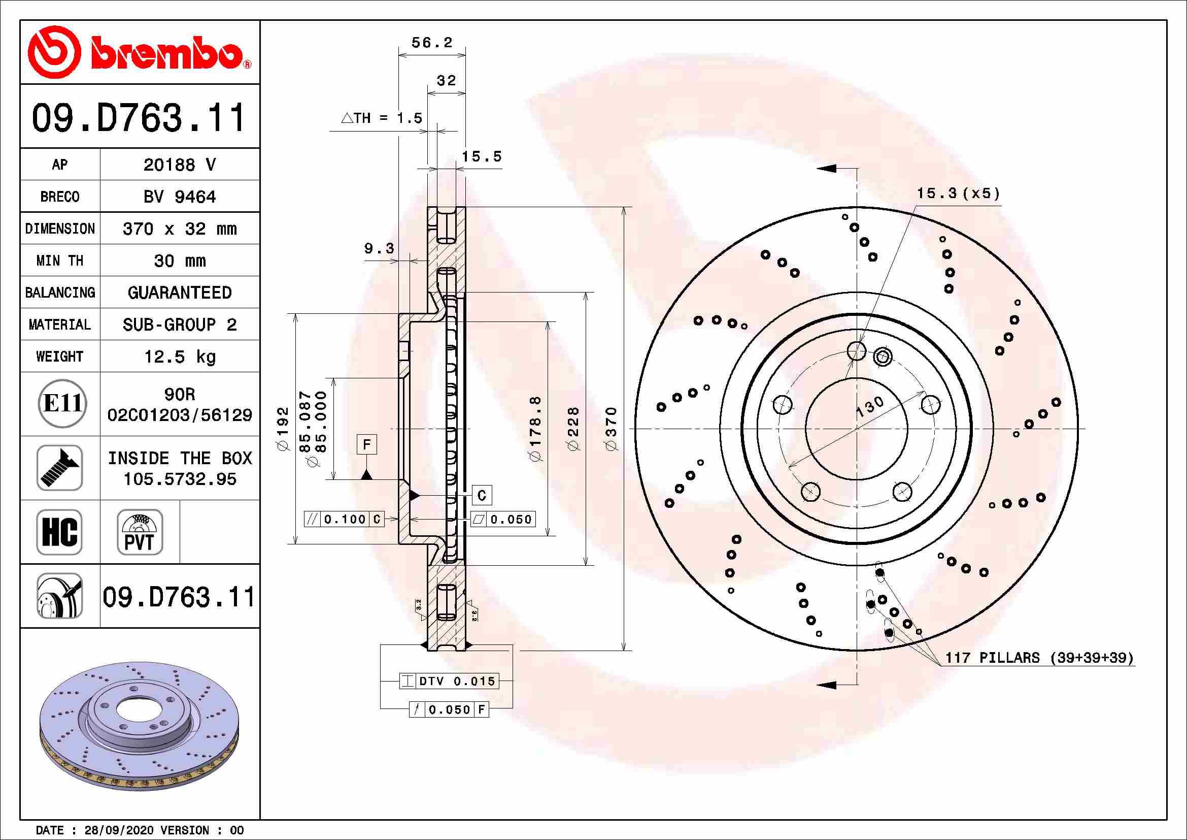 BREMBO brzdový kotúč 09.D763.11, súprava 2 ks
